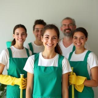 Équipe souriante de nettoyeurs professionnels avec matériel écologique.