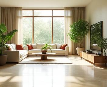 Intérieur d’un salon lumineux, sol impeccable, plantes vertes.